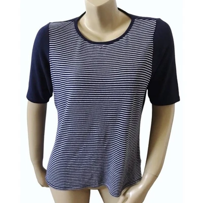 Blusa suéter de malha Coldwater Creek feminina listrada azul branca média manga curta - Imagem 1 de 4
