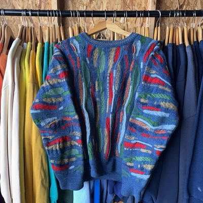 Suéter de lã vintage anos 90 vermelho Coogi como 3D malha azul vermelho e verde grande - Imagem 1 de 4