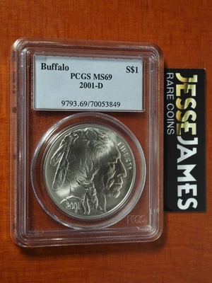 2001 D UNCIRCULATED SILVER BUFFALO COMMEMORATIVE DOLLAR PCGS MS69 BLUE LABEL - Image 1 of 2