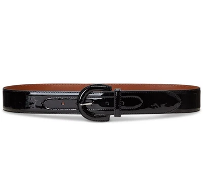 Lauren Ralph Lauren 混合媒体漆皮织物光泽黑色宽腰带 M — 第 1/2 张图片