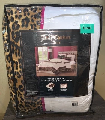 Juicy Couture KING Comforter &Pillow Shams Set White/Leopard Print/Burgundy Trim - Image 1 of 4