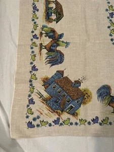 Vtg Blue Teal Beige Rooster Hen Chicks Farmhouse Tablecloth 50 X 65” Nice! - Picture 1 of 13