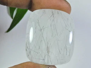 Natural Black Neddle Rutile Quartz Cushion Cabochon Loose Gemstone 27X31X8MM - Picture 1 of 9