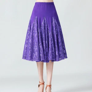 Women Practice Performance Midi Swing Skirt Floral Lace Ballroom Dance Skirt - Photo 1/12
