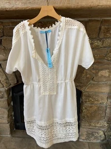 Solitaire Swim Cover Up Crochet White Lightweight V-Neck Women's Dress L - Picture 1 of 5