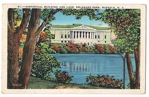 Historical Building and Lake DELAWARE PARK Buffalo Postcard NY  Colorful 1938 - Picture 1 of 2