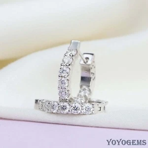 Moissanite Inside Outside Hoop Earrings 3 Carat Round Cut Solid 14K White Gold - Picture 1 of 11