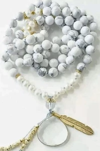 108 Mala Yoga Gebet Meditation Perlen Priesterin Howlith Gold Feder 34 Zoll - Bild 1 von 10
