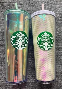 Dos vasos Starbucks vacaciones lentejuelas blancas e iridiscentes 24 OZ Venti tapa pajita - Imagen 1 de 11