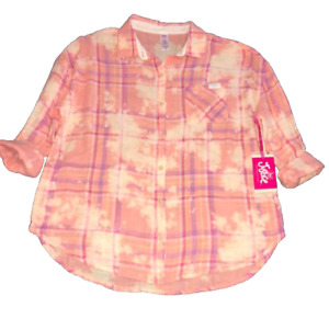 JUSTICE GIRLS BRAND NEW SZ XL 16/18 DBL WEAVE PLAID BUTTON UP TOP 100% COT PEACH