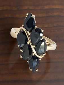 ANELLO ALLUNGATO ESTATE ORO MASSICCIO 10K PERA BLU SCURO ZAFFIRO NERO MISURA 10 #7929 - Foto 1 di 4