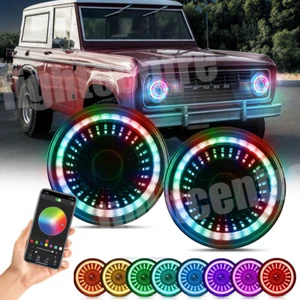 Pair 7'' LED RGB Headlight DRL Halo DRL Headlamps For 1969-1979 Ford F-100 - Picture 1 of 10