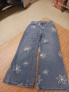 Justice Jeans Girls Sz 8 Floral Print High Rise Wide Leg Denim Blue - Picture 1 of 6
