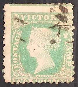 1859 Victoria Australia 2/- Dl Bluish green Woodblock stamp No WMK P12 Used £70 - Picture 1 of 2
