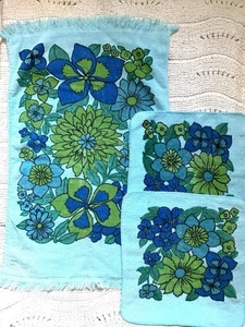 VTG Daisy Flower Hand Towel Washcloths Blue Green Tastemaker By Mohawk 60-70’s - Picture 1 of 18