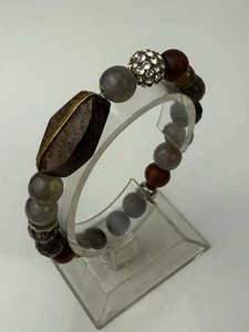 Silpada 925 Sterling Silver & Brass Wildwood Agate Wood Stretch Bracelet 3302 7” - Picture 1 of 7