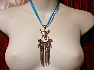 COW SKULL TASSEL CHOKER turquoise ribbon & silvertone pendant necklace boho C4 - Picture 1 of 3