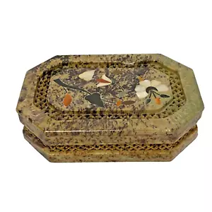 Schmuckset Schmuckbox & Deckel Schnitzerei Stein Marmor Perlmutt Inlay Blume Design - Bild 1 von 11