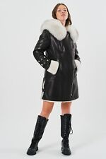 Black - White Shearling Sheepskin Women Coat (High Quality), Fox Fur Hood