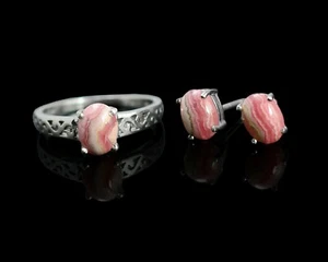 925 Sterling Silver Natural Rhodochrosite Gemstone Ring Earring Jewelry Set  - Picture 1 of 8