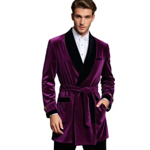 Men's Smoking Jacket Purple Velvet Robe Evening Relaxing Dinner Gown Kee Length - Picture 1 of 5