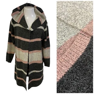 Baciano Sweater Womens Small Hooded Longline Cardigan Gray Pink Stripe Preppy - Picture 1 of 12