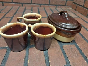 Vintage Hull Pottery Brown Drip Glaze Oven Proof USA Coffee Cups Mugs With Pot - Picture 1 of 5