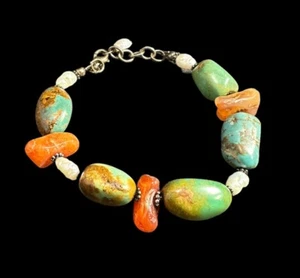 Bracelet 925 Turquoise Carnelian And Pearl Beads Adjustable Long Vintage - Picture 1 of 6