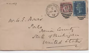 Gran Bretaña SC 29 y 58 en cubierta de 1879, Shepton-Mallet a EE. UU. #701 Cancelar - Imagen 1 de 2
