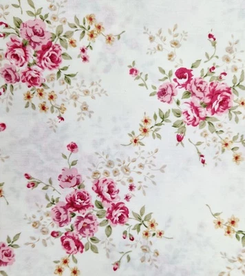 Cotton Fabric - Pink Vintage Floral Blossom Roses on Ivory - Craft Fabric - Image 1 of 4