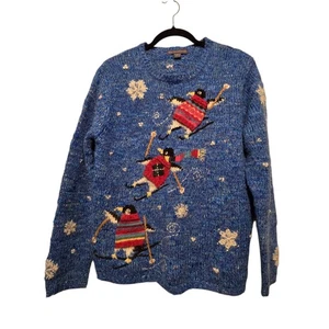Vtg 90s Y2K Mohair Penguin Sweater Women M Blue Embroidered Holiday Grandmacore - Picture 1 of 12
