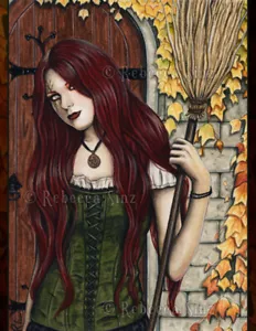 Gothic Fantasy Art PRINT Witch Autumn Halloween Broom Leaves Ivy door Fall Color - Imagen 1 de 1