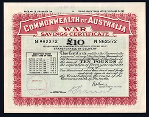 Australia. 1944 War Savings Certificate for 10 Pounds.. McFarlane signature - Picture 1 of 2