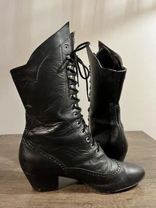 OAK TREE FARMS Black Victorian Lace Up Leather Boots Vintage Witchy Women’s US 9 - Picture 1 of 12