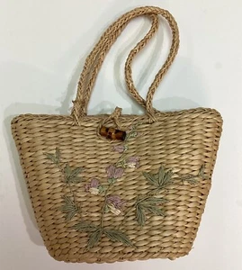 Vintage Tommy Bahama Embroidered Straw Tote Beach Summer Bag - Picture 1 of 11