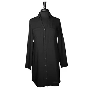 Express Portofino Shirt Dress Black V-Neck Button Up Lined Long Sleeve S - Picture 1 of 10