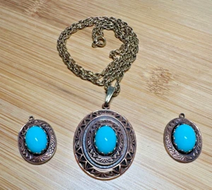 Vintage Copper Turquoise Lucite Oval Pendant Chain Necklace Earrings - Foto 1 di 5