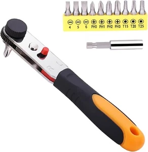 Ratcheting Right Angle Screwdriver Hex Drive 90 Degree Offset +10pc Bits Set+Rod - Picture 1 of 7