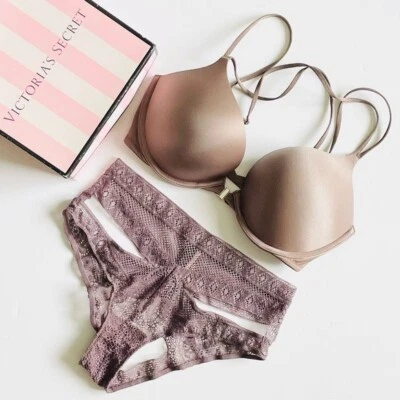 32D XS Victoria’s Secret Bombshell pushup tan bra set high rise cheeky panties - Image 1 of 4