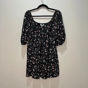 WAYF Dress Black Pink Mini Boho Sweetheart Floral Puff Sleeve Women Size XS - Picture 1 of 10