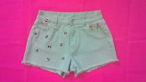 Size 8 - teal blue denim shorts hand embroidered bee flower design - Picture 1 of 2