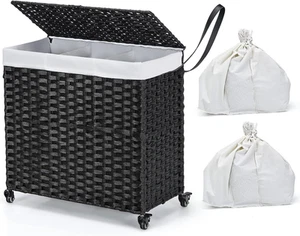 Laundry Hamper with Wheels and Lid, 125L Rattan Hamper with 2 Removable Liner B - Picture 1 of 9
