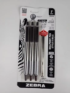 3-Pack Zebra F-701 Ballpoint Pens + 2 bonus refills - Stainless Steel -Black Ink - Picture 1 of 2