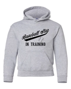 BASEBALL STAR IN TRAINING Youth Kids Gray Hoodie Pullover Sweatshirt S-XL - Picture 1 of 2