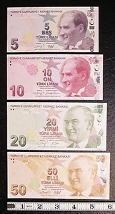 4 banconote Turchia 5 - 10 - 20 - 50 LIRASI NON CIRCOLATE #15423 - Foto 1 di 2