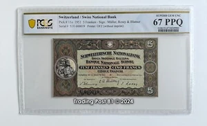 SWITZERLAND - 1951 - 5 Franken - Serial # 000019 - PCGS 67 PPQ GEM Unc. - Picture 1 of 2