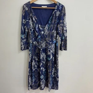 White Stuff Midikleid Blumen Damen Größe UK 16 Gürtel Blau 3/4 Ärmel Gefüttert - Bild 1 von 7