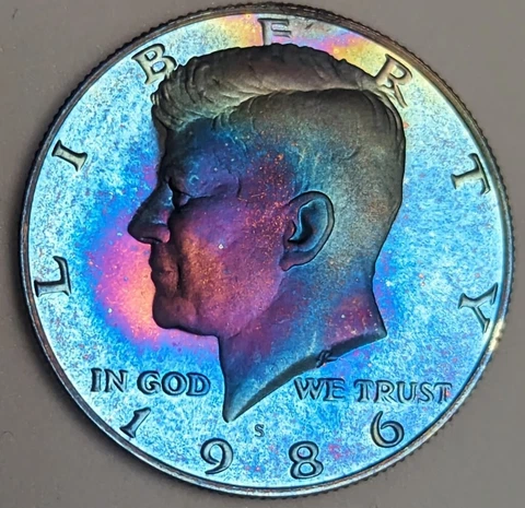 1986 S Proof Kennedy Half Dollar Rainbow Toned Cover