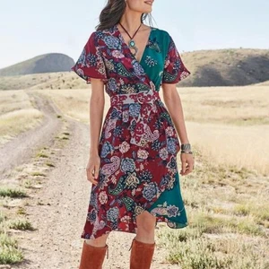 Sundance Faux Wickelkleid Flatterärmel Paisley türkis rot Bohemian Boho Gr. XXL - Bild 1 von 10