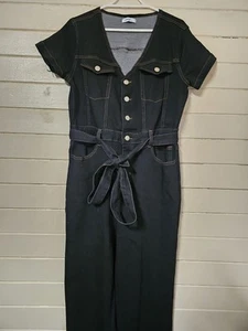 Valley Girl Black Denim Dungarees Size 12 Belt Jeans - Picture 1 of 9